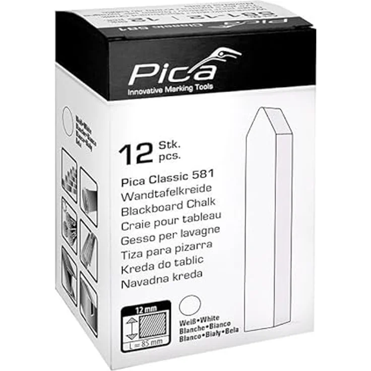 Pica Tafelkreide Classic, 12 Stück, eckig angespitzt, weiß, 12 x 12 x 85 mm – Bild 2
