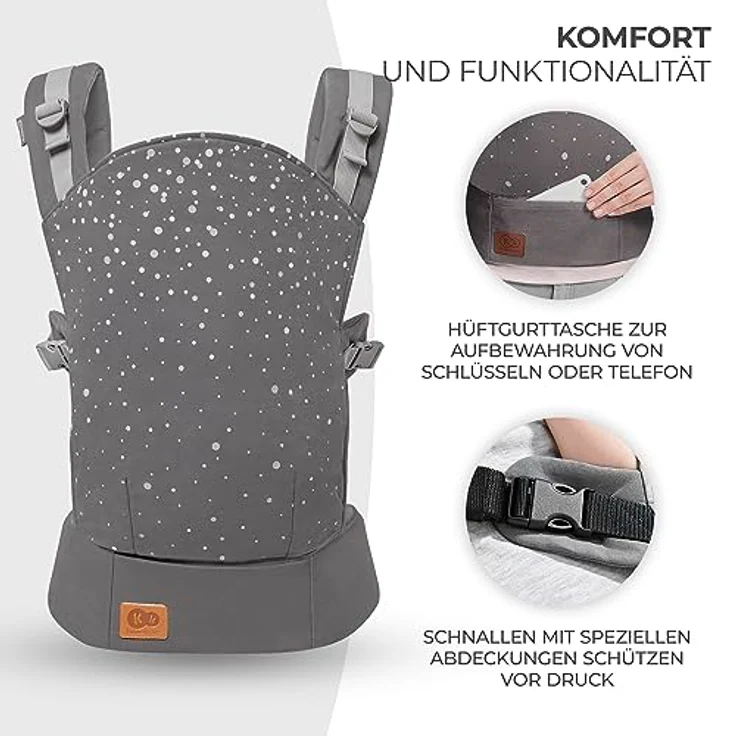 Kinderkraft Babytrage NINO CONFETTI, Rückentrage, Bauchtrage für Säuglinge und Kleinkinder, Baby Carrier, Kindertrage, Ergonomisch, aus Baumwolle, ab 3 Monate bis 20 kg, Grau – Bild 8