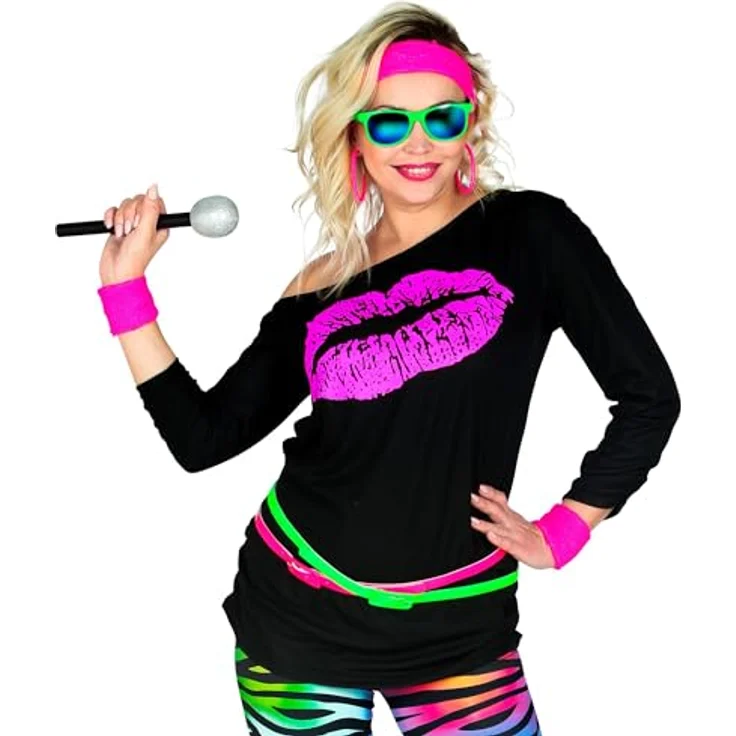 W WIDMANN MILANO Party Fashion T-Shirt 80er Jahre, ärmelloses Shirt mit pinkem Kiss Lips Design, schwarz, Größe S/M für Mottoparty und Fasching – Bild 2