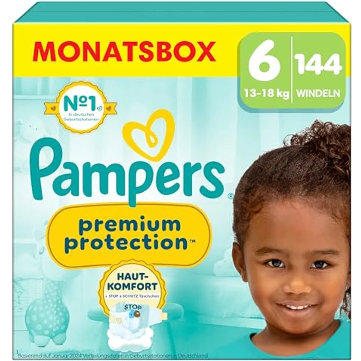 Pampers Windeln Premium Protection Gr.6 Extra Large (13+ kg), Monatsbox mit 144 Stück, 100% Auslaufschutz und Dermacomfort Innenvlies – Bild 1