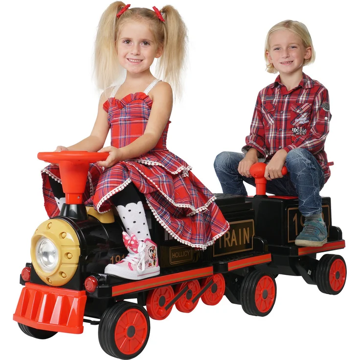 Actionbikes Motors Kinder Elektrozug mit Anhänger, Elektrische Eisenbahn für 3-6 Jahre, 3 Sitze, bis 5 km/h, mit Scheinwerfer, Hupe & Musik, 12V 180 Watt