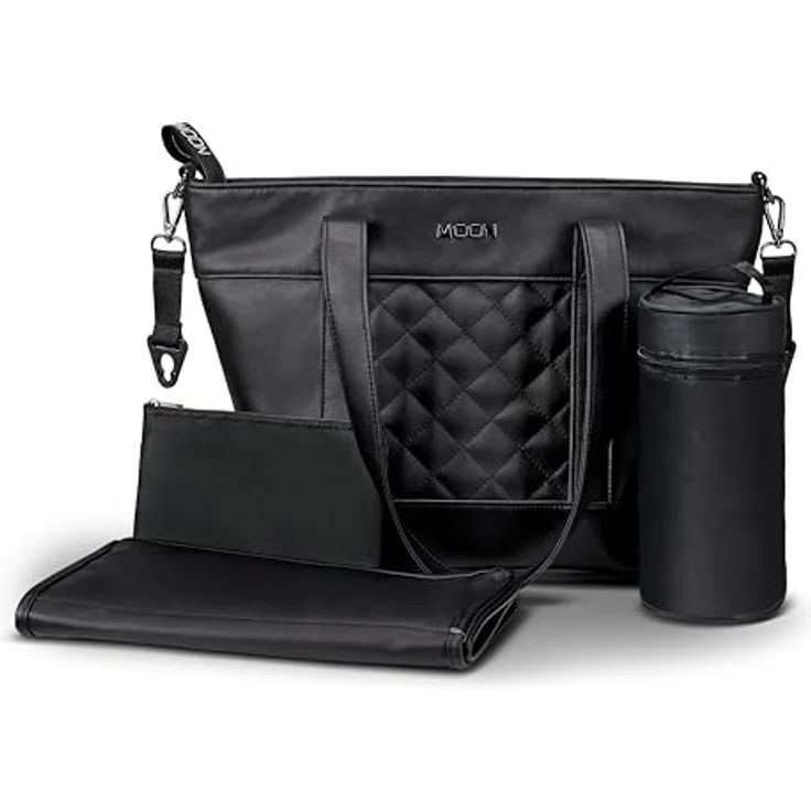 MOON Wickeltasche V-Shape, schwarze Lederoptik, 15 Liter Fassungsvermögen, inklusive Wickelunterlage, isolierter Flaschentasche und Geldbeutel – Bild 5