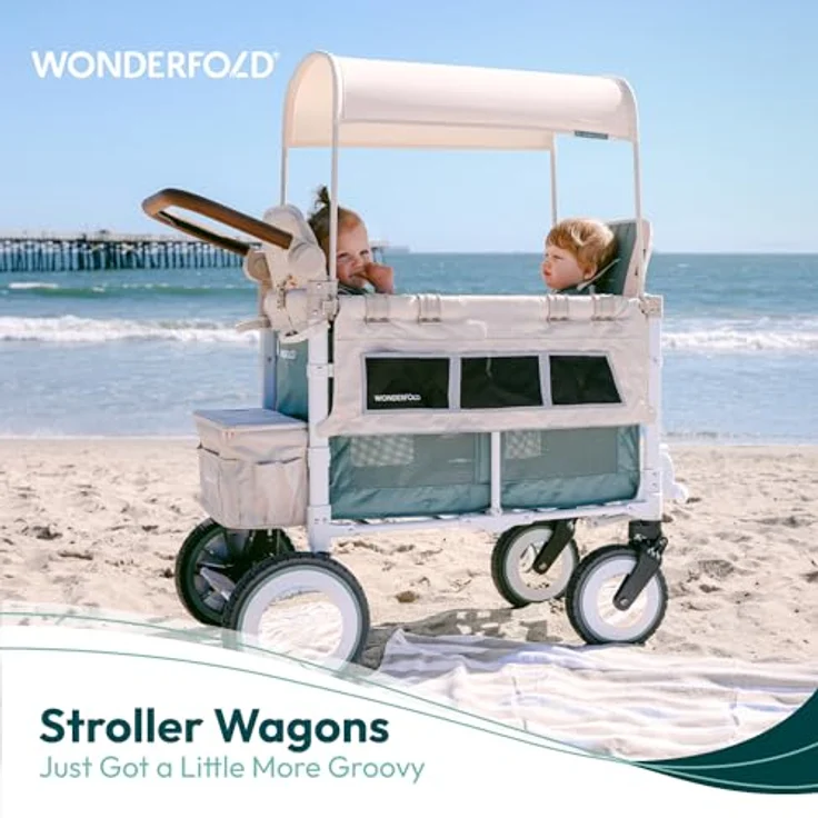 WONDERFOLD Volkswagen Kinderwagen Wagon (2 Sitzer) - zusammenklappbarer Kinderwagen mit klassischer VW-Stoßstange, Retro-VW-Rädern in XL und veganem Lederlenker – Bild 4