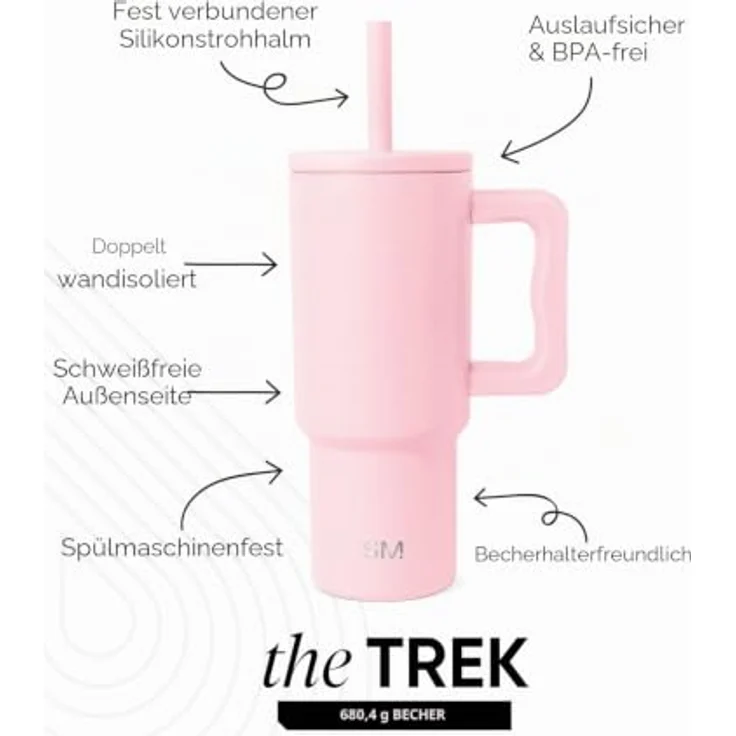 Simple Modern Thermobecher Trek, isolierter Edelstahl-Trinkbecher mit Silikonstrohhalm und Griff, 710ml, blush – Bild 2