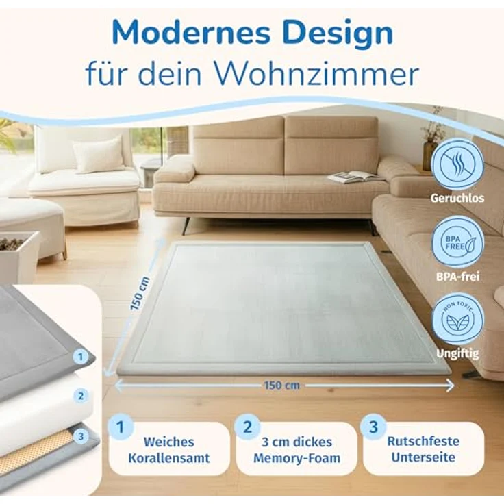 BabybeFun Krabbelmatte Baby, 150x150cm, rutschfeste Schaumstoffmatte mit 3cm Dicke, stoßdämpfend und kälteisolierend, Spielteppich für Kinderzimmer – Bild 5