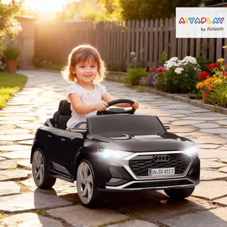 AIYAPLAY Audi Q8 Kinder Elektroauto 12V mit 2,4G Fernbedienung, 2 Motoren, MP3 Musik & Hupe, Scheinwerfer, 4 gefederte Räder, Schwarz für 3-4 Jahre – Bild 2