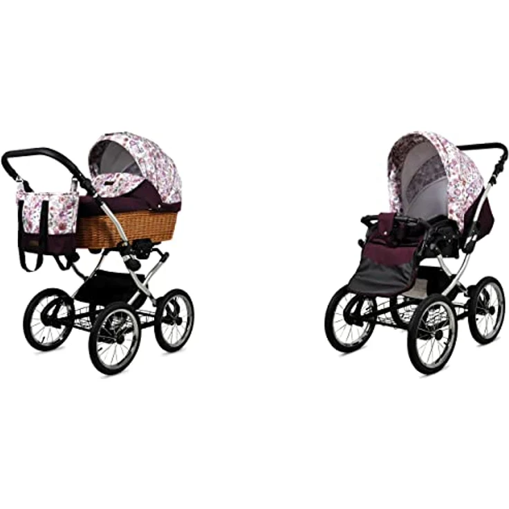 Babylux BabyLux ALU 2in1 Kinderwagen für Kleinkinder – Maroon Flowers Silver Frame, 59x105x125cm, Max. 15kg, verstellbare Kufe und Rückenlehne, Fünf-Punkt-Sicherheitsgurte, inkl. Zubehör – Bild 1