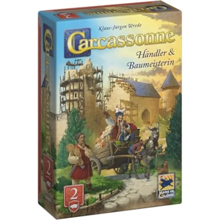 Hans im Glück Carcassonne – Händler und Baumeisterin, 2. Erweiterung für 2-6 Spieler, Familienspiel ab 7 Jahren, deutsche Ausgabe, 45 Minuten Spielzeit