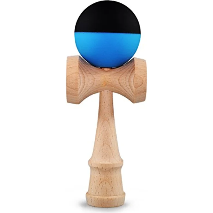 Ganzoo Kendama Geschicklichkeitsspiel, Buchenholz, traditionelles japanisches Sportgerät mit Kugel, reißfester Nylon-Schnur, 3 Fangtellern, blau schwarz, 16 cm – Bild 1