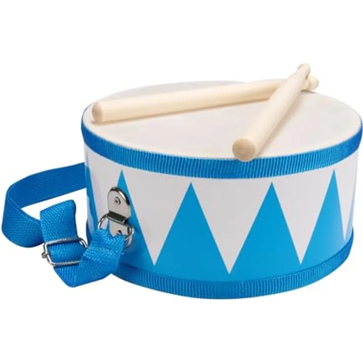 GICO Kindertrommel blau-weiß, Musikinstrument aus Holz, D: 20 cm mit Trageriemen und 2 Sticks