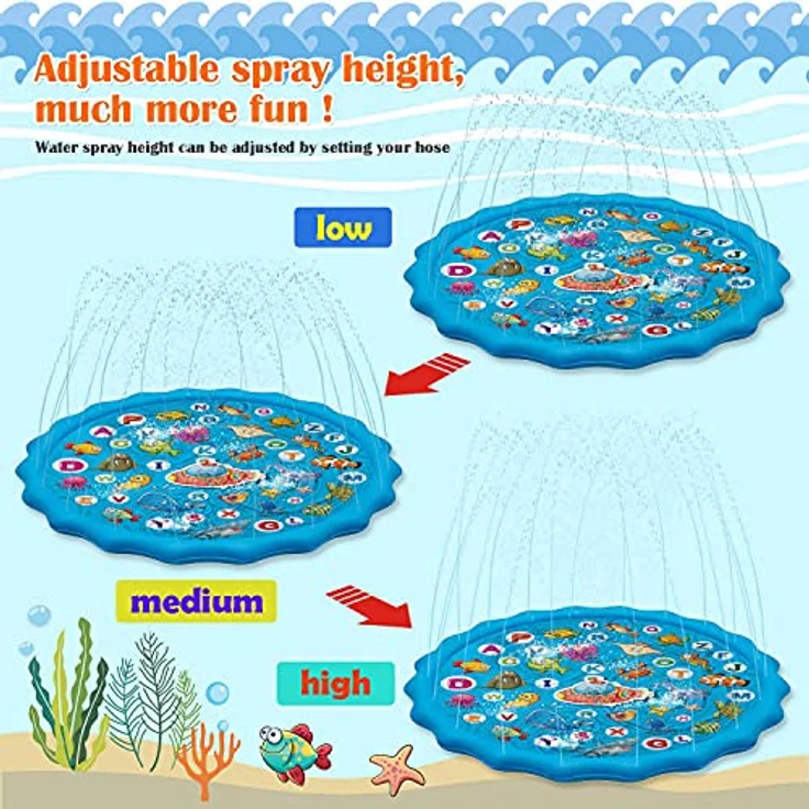 Paochocky Sprinkler Wasserspielmatte, 170 cm große runde Aufblasbare Splash Spielmatte aus hochwertigem PVC für Outdoor Sommerspaß mit bunten Meeresgrafiken für Kinder und Haustiere – Bild 3