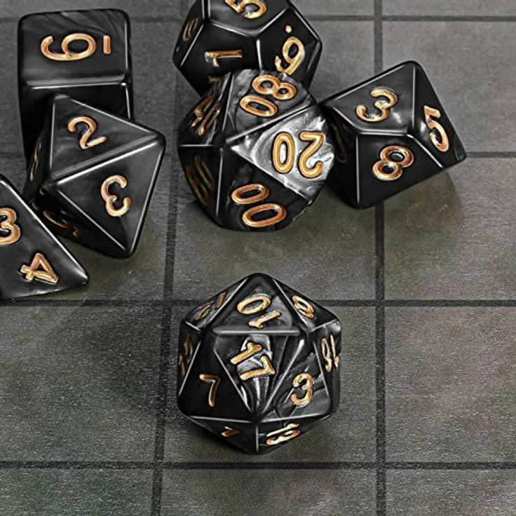 QMAY DND Dice Polyedrisches Würfel Set, 7 Stück für Dungeons und Dragons, D20, D12, D10, D%, D8, D6, D4, Acryl, Schwarz, mit Samtbeutel – Bild 4