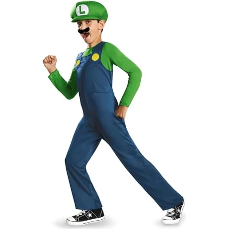 NoName Luigi Kinderkostüm, offiziell lizenziertes Super Mario Outfit mit grüner Mütze und Schnauz, blau/grün – Bild 1
