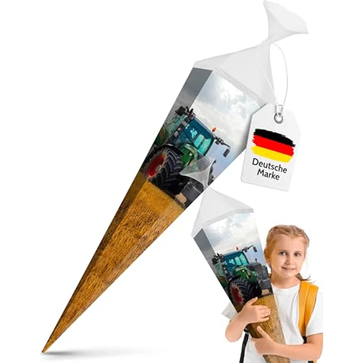 itenga Schultüte 85cm Traktor auf dem Feld, 6-eckige Zuckertüte aus robustem Karton mit Tüllverschluss, für Jungen und Mädchen zur Einschulung – Bild 2