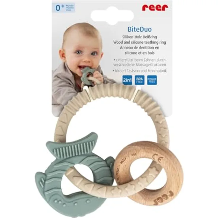 Reer BiteDuo - Silikon-Holz-Beißring für Babys - Baby Zahnungshilfe - Motorikspielzeug, beige-grün
