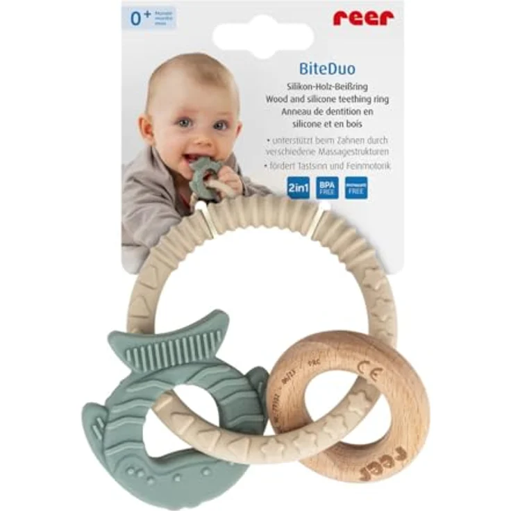 Reer BiteDuo - Silikon-Holz-Beißring für Babys - Baby Zahnungshilfe - Motorikspielzeug, beige-grün – Bild 1