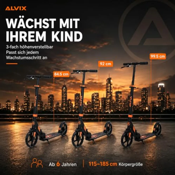ALVIX Cityroller Kinderroller K-Serie, faltbar mit Handbremse, 200-mm-LED-Rädern, breites 120-mm-Deck, Tragegurt, für Kinder ab 6 Jahren – Bild 7