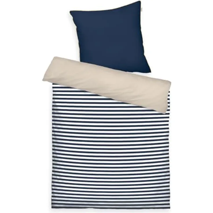 TOM TAILOR Perkal-Bettwäsche, mit Wendemotiv und farbiger Paspel, 100% Baumwolle, STRIPES WITH A KICK Blau, Beige (Dark Navy/Sunny Sand)