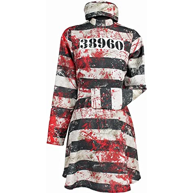 Thetru Halloween Kostüm Bloody Prisoner, Blutiges Sträflingskostüm mit Kleid und Mütze für Damen, figurnahe Form mit ausgestelltem Rock, Größe L – Bild 1