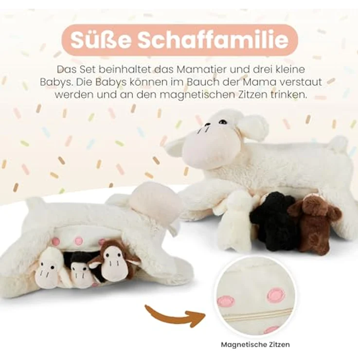 Mamanimals Schaf Kuscheltier, 30 cm mit 3 Baby Schafen im Bauch, Reißverschluss und magnetische Zitzen, hochwertiges Plüschtier für Kinder – Bild 3