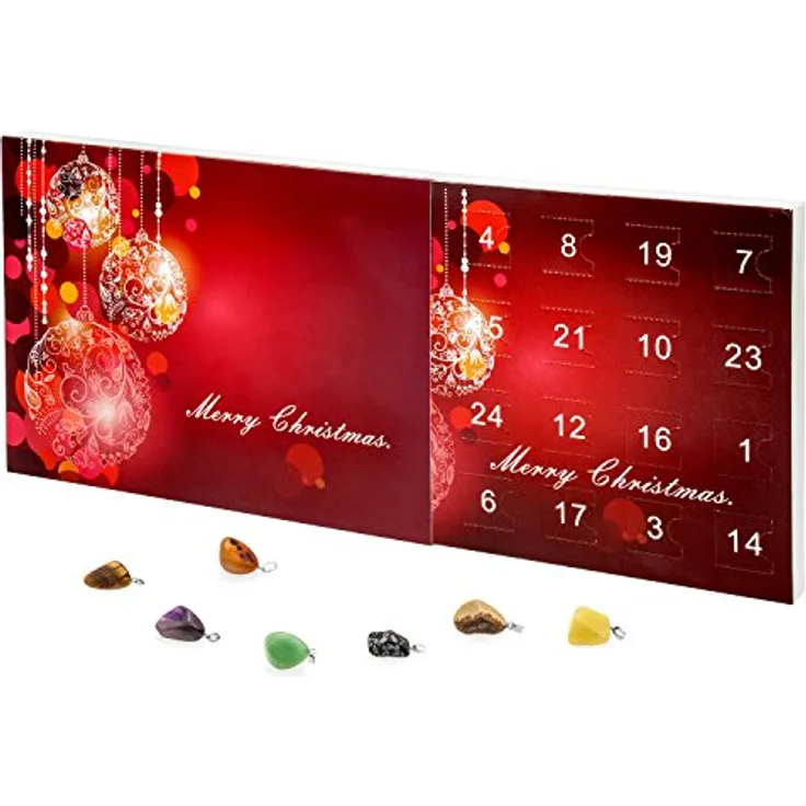 VALIOSA Merry Christmas Adventskalender mit Halskette + 23 Halb-Edelstein Anhänger, Geschenkidee für Mädchen, 24-teilig