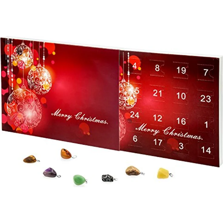 VALIOSA Merry Christmas Adventskalender mit Halskette + 23 Halb-Edelstein Anhänger, Geschenkidee für Mädchen, 24-teilig – Bild 1