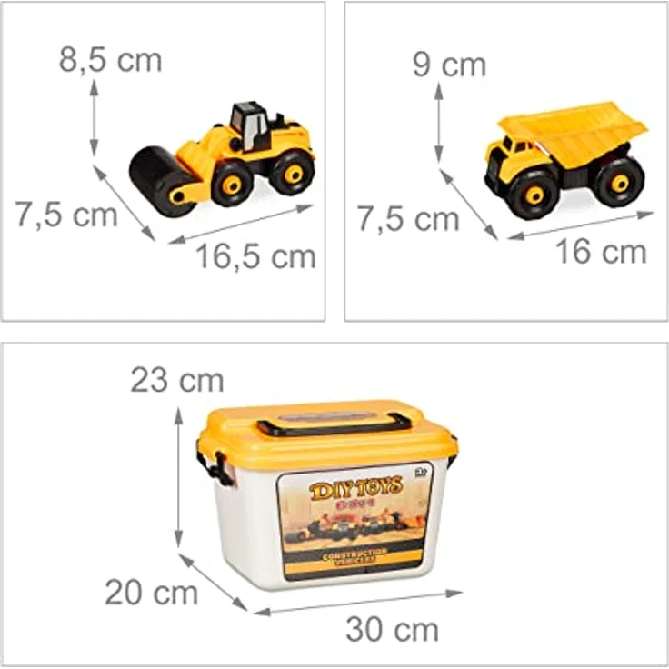 Relaxdays Baustellenfahrzeuge Kinder, 6-TLG. Set, Bagger Spielzeug, DIY, Schraubendreher, Box, ab 3 Jahre, gelb-schwarz – Bild 5