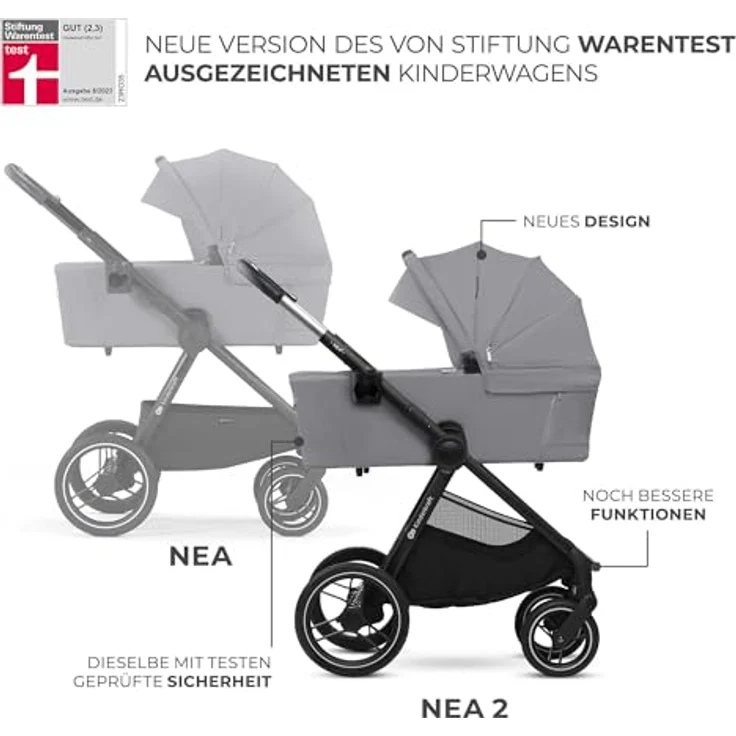 Kinderkraft NEA 2.0 Kombi-Kinderwagen, 2in1 mit Babywanne und Sportsitz, bis 22 kg, Teleskopschieber, inkl. Getränkehalter und Wickeltasche - Platinium Grey, mit Gratis Mobilitätsgarantie – Bild 4