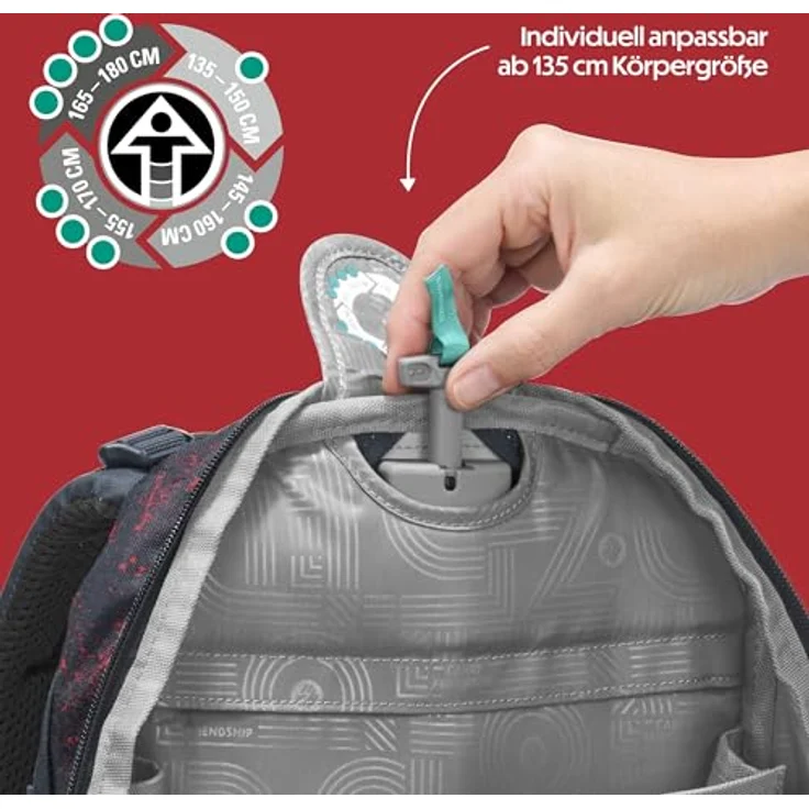 Coocazoo Mate Schulrucksack „Broken Black”, ergonomischer Tornister mit 30 Litern Volumen, höhenverstellbar, Brust- und Hüftgurt, schwarz-rot, ab der 3. Klasse – Bild 5