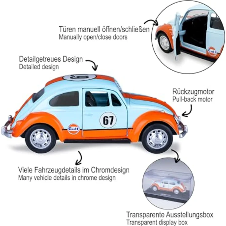 JAMARA 402601 Volkswagen Classical Beetle 1967 Diecast 1:36, hochwertiges Modellauto mit manuell öffnenden Türen und Rückzugmotor, Geschenkidee für Kinder – Bild 4