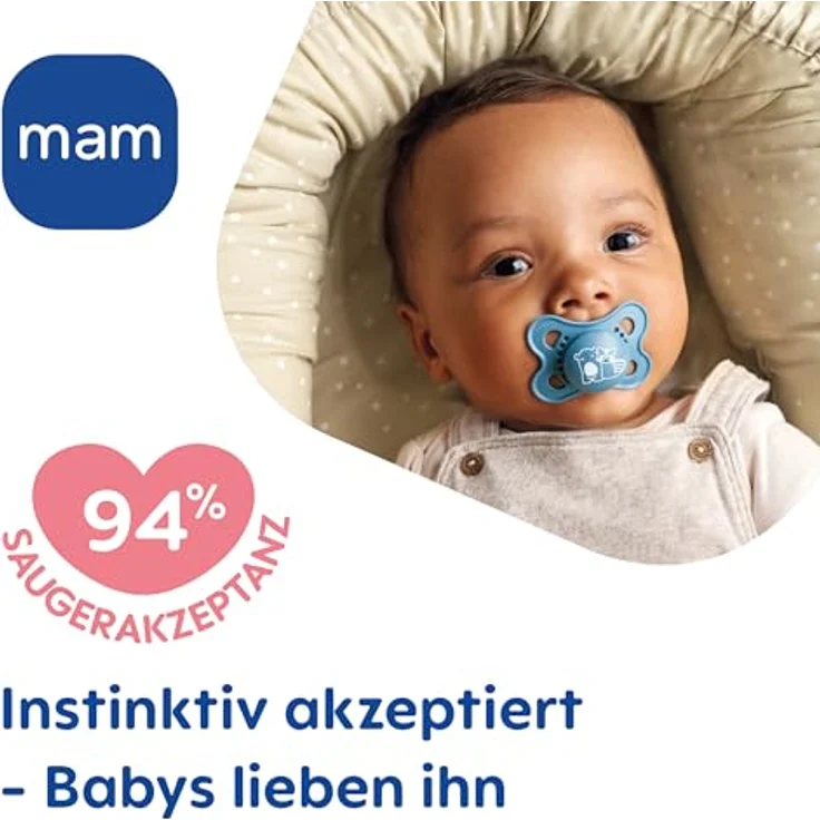 MAM Original Pure Schnuller im 2er-Set, zahnfreundlicher Baby Schnuller aus nachhaltigem & bio-erneuerbarem Material, Sauger aus MAM SkinSoft Silikon, mit Schnullerbox, 0-6 Monate, blau/beige – Bild 4