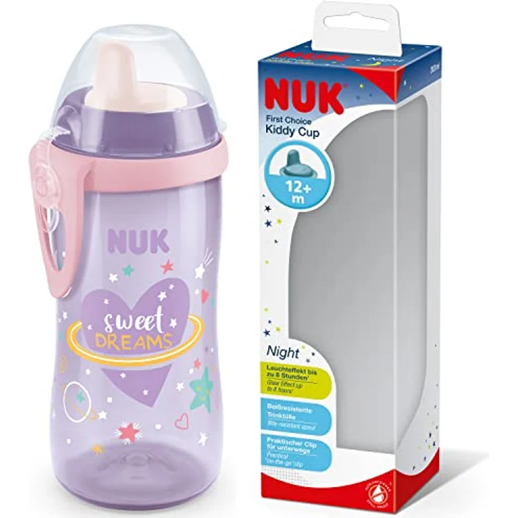 NUK Kiddy Cup Night Trinklernflasche | Schnabeltasse mit Leuchteffekt | 12+ Monate | Auslaufsicher mit harter Trinktülle | Clip und Schutzkappe | BPA-frei | 300 ml | Herzen (lila), 10255677 – Bild 2