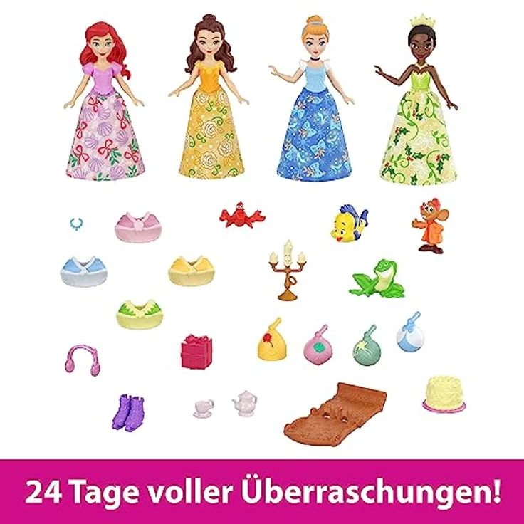 DISNEY Princess Adventskalender - 24 Türchen mit Geschenken rund um beliebte Filmfiguren wie Tiana, Cinderella und Belle, inklusive 4 kleinen Prinzessinnenpuppen, HLX06 – Bild 4