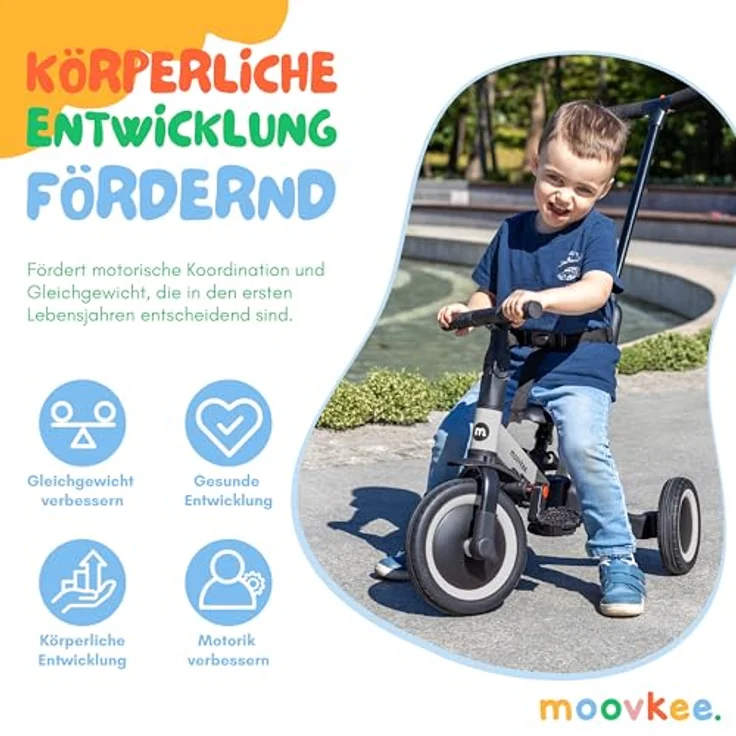 moovkee Dreirad ab 1 Jahr mit Schubstange 6in1 - Laufrad ab 1 Jahr - Baby Fahrrad - gummierte Griffe - Stahl und strapazierfähiger Kunststoff – Bild 2