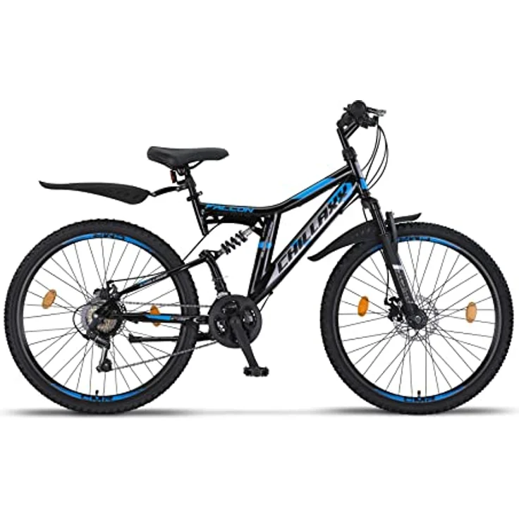Chillaxx Bike Falcon Premium Mountainbike in 24 und 26 Zoll - Fahrrad für Jungen, Mädchen, Damen und Herren - Scheibenbremse- 21 Gang-Schaltung - Vollfederung (26 Zoll, Schwarz-Blau Disc-Bremse) – Bild 2