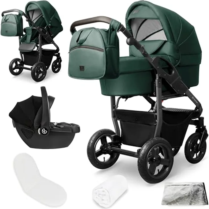 Bergsteiger Capri Kombikinderwagen 3-in-1, Babywanne, Sportsitz & i-Size Babyschale, Luftreifen, Federung, höhenverstellbarer Griff, faltbar, Zubehör