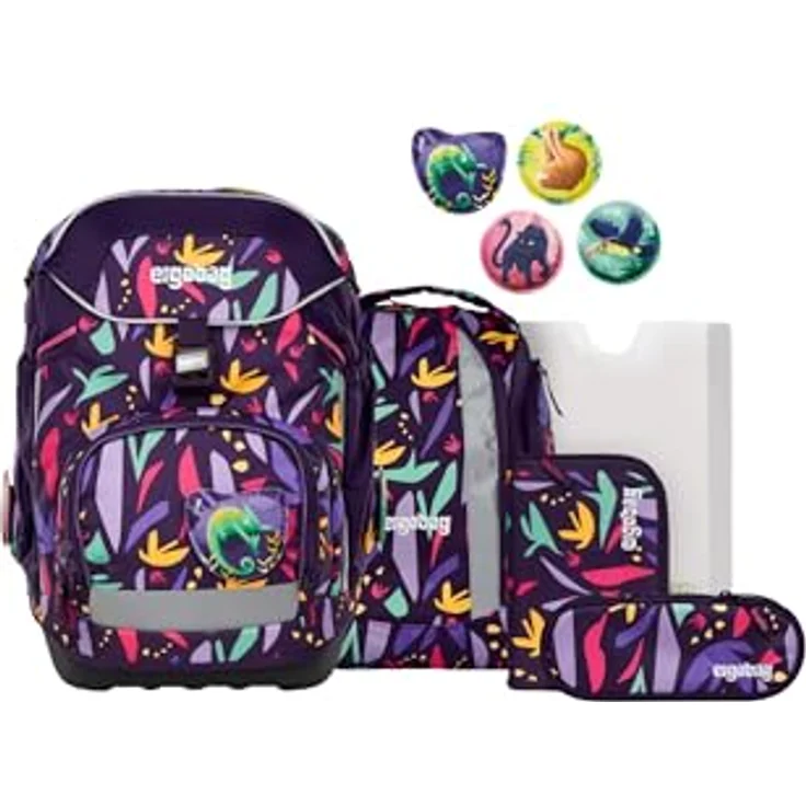 ergobag pack Set, ergonomischer Schulrucksack 6-teilig für 1. Klasse, höhenverstellbar, mit integrierter Heftebox und individuellen Kletties, standfest und reflektierend, ideal für Mädchen und Jungen – Bild 1