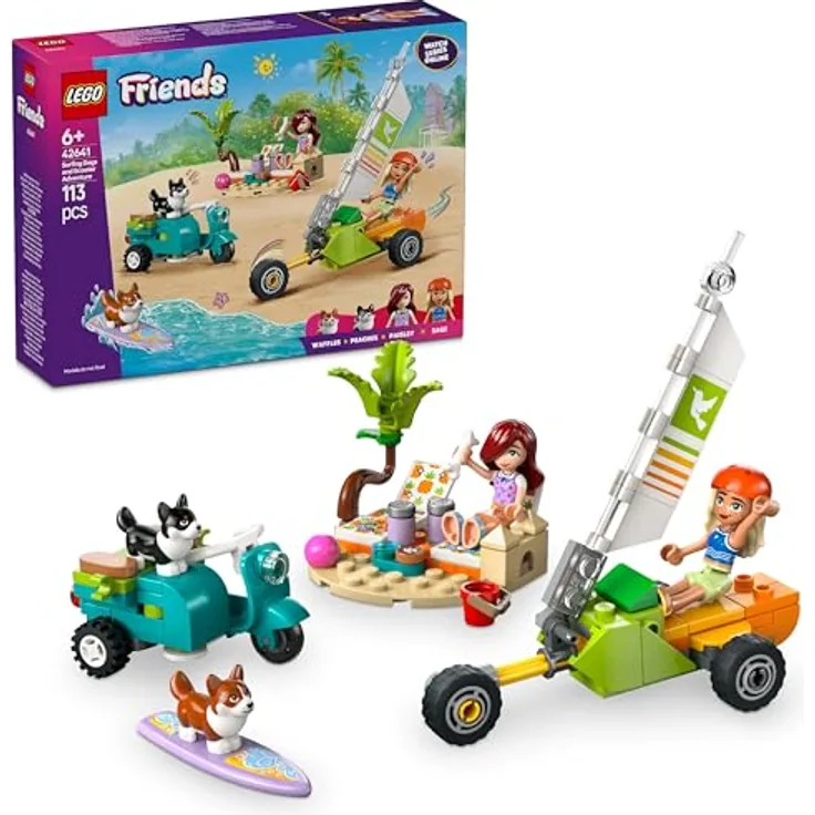 LEGO Friends 42641, Strandabenteuer mit Hunden, 113-teiliges Bauspielzeug für Kinder ab 6 Jahren, inkl. Surfbrett, Roller und Strandyacht