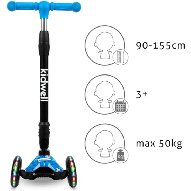 COIL Kinderroller, Dreiradscooter, Tretroller, Dreirad-Balance-Roller, Cityroller VENTO, ABEC-7-Lager, 3-stufige Lenkradverstellung, LED-Räder, Blau – Bild 8