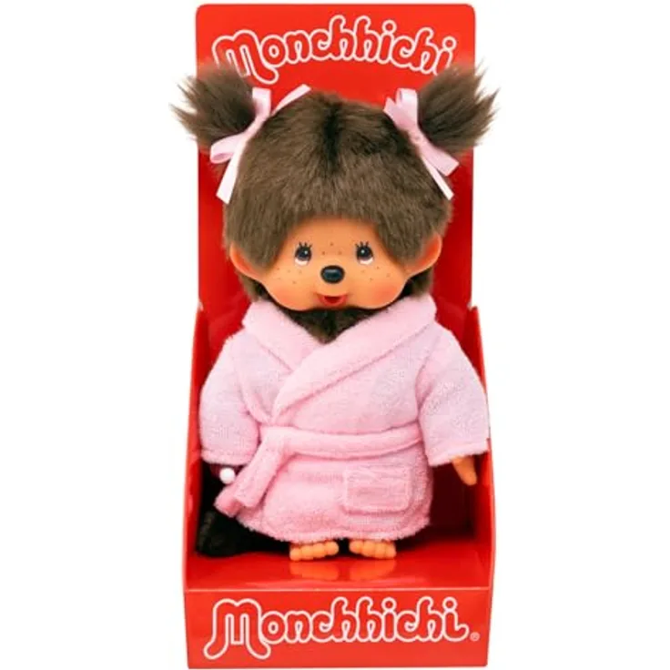 Sekiguchi Monchhichi Plüschfigur Bathrobe Girl, 20cm mit flauschigem Bademantel und zwei Zöpfchen