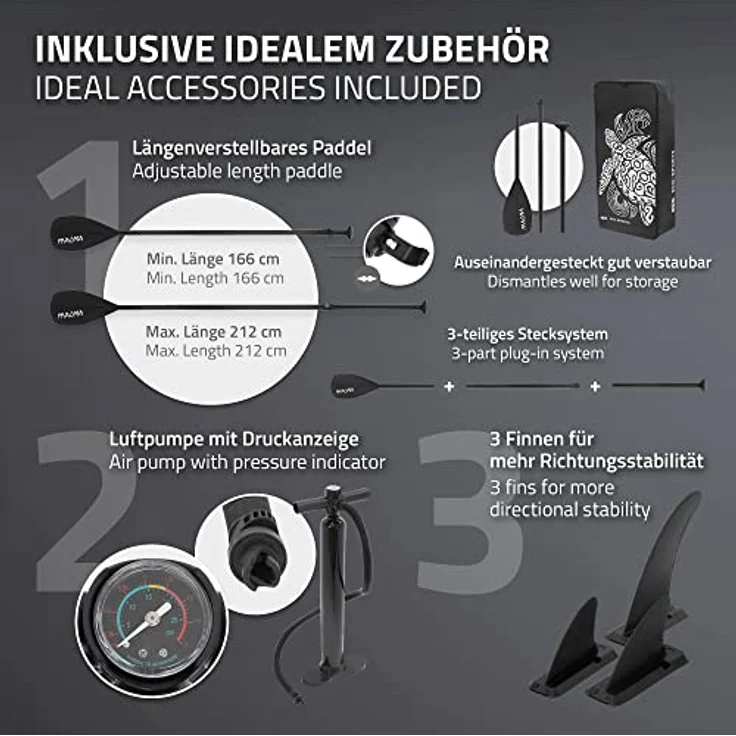 ECD Germany Aufblasbares Stand Up Paddle Board Maona, 308 x 78 x 10 cm, Schwarz, PVC, bis 120 kg, inkl. Pumpe & Tragetasche, Komplettset mit Paddel und Zubehör – Bild 4