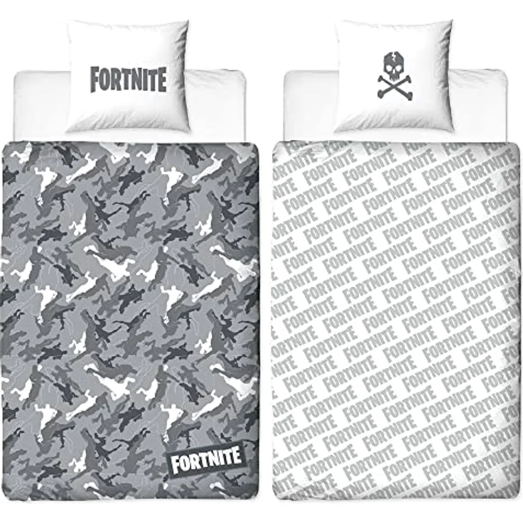BERONAGE Fortnite Wende-Bettwäsche Grey 135 x 200 cm + 80 x 80 cm 100% Baumwolle Renforcé-Linon-Qualität Kinderbettwäsche Battle Royale Loot Lama Dance Lake Salty Tilted Skins 2 Motive Reißverschluss - Bettwäsche für Kinderzimmer in hochwertiger Baumwollqualität – Bild 1