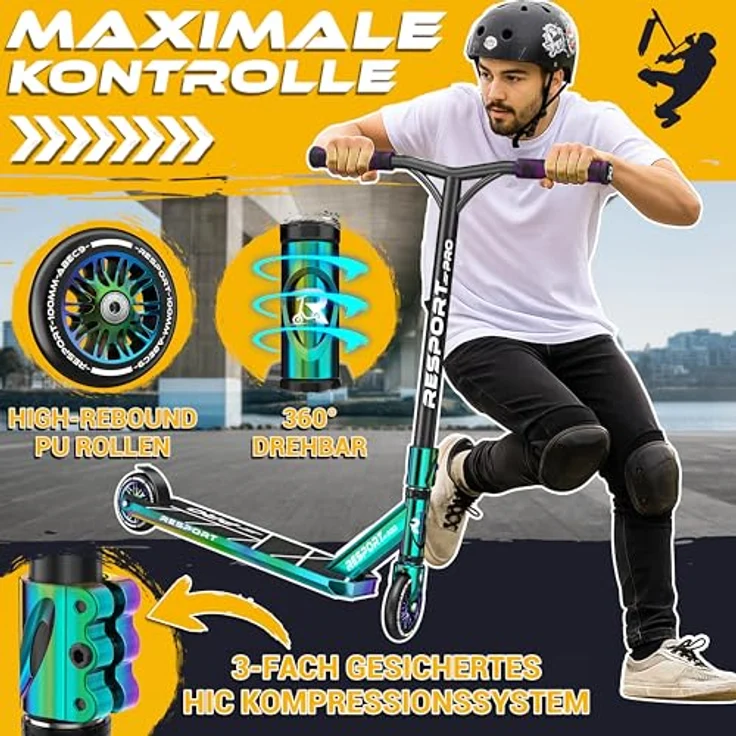 RE:SPORT Stunt Scooter REVO PRO, inkl. Ständer, 110mm PU Wheels, ABEC 9 Kugellager, Profi Trickroller für Kinder & Erwachsene, Y-Bar Design – Bild 2