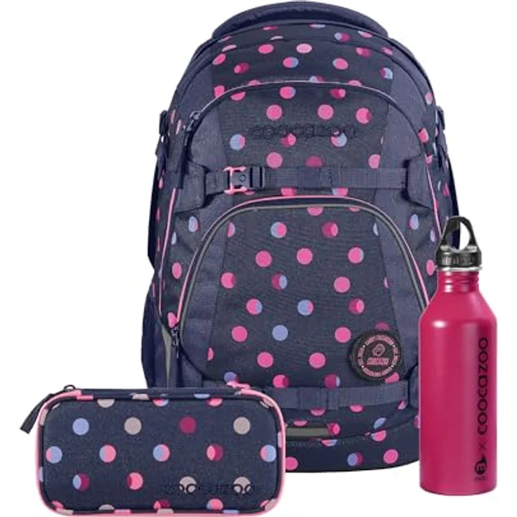 Coocazoo Mate Schulrucksack-Set „Reflective Moons“, 3-teilig, lila, ergonomischer 30L Tornister mit Brust- und Hüftgurt für Kinder ab 5 Jahren, inkl. Mäppchen und Edelstahl-Trinkflasche – Bild 1