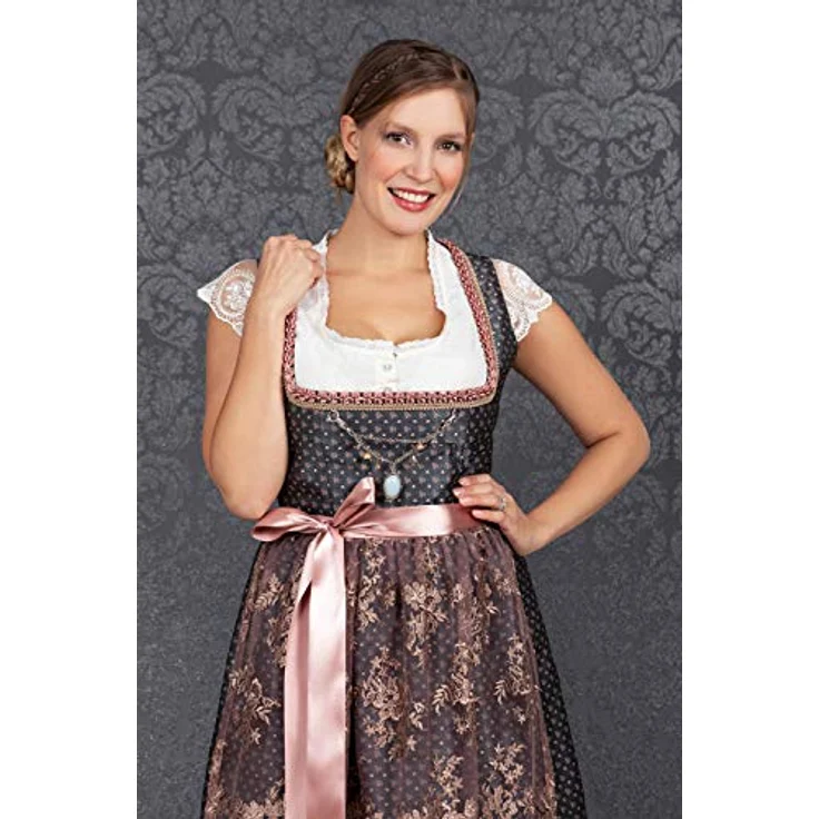 Edelnice Dirndl Brokat in Dunkelgrau und Altrosa, mit edlem Charivari und Spitzendirndlschürze – Bild 8