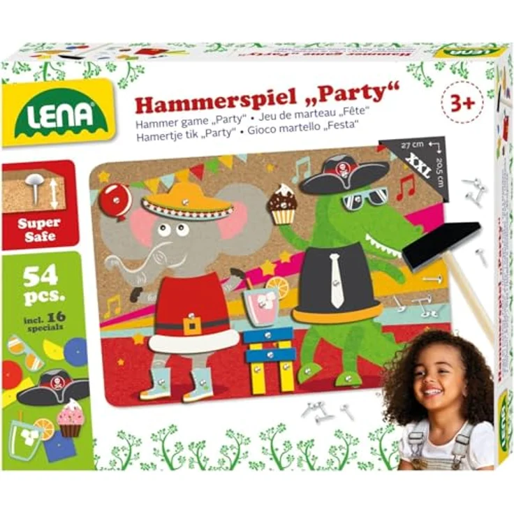 Lena 65835 - Hammerspiel Party, Nagelspiel mit 38 farbigen Teilen & 16 Sonderteile, XXL Grundplatte aus Kork ca. 28 x 19,5 cm, Hammer und Nägel, Klopfspiel für Kinder ab 3 Jahre, Hämmerchenspiel – Bild 2