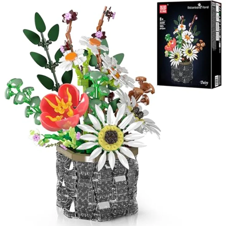 Mould King 24107 Blumen-Baustein-Set, DIY-Modell mit flexiblen Sonnenblumen, Tulpen und Gänseblümchen in Vase, 1157 Teile – Bild 1