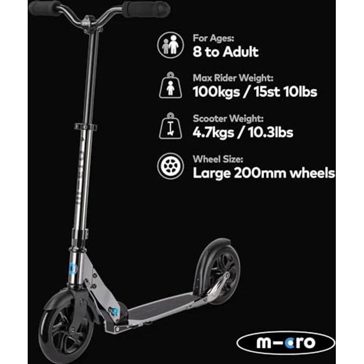 Micro Micro Classic Neochrom Schwarz, Scooter mit extragroßen 200 mm Rädern & ergonomischem Trittbrett – Bild 2