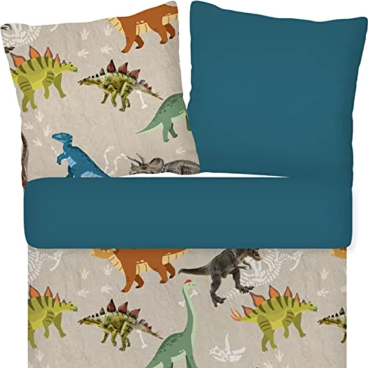 ESPiCO Bettwäsche Trendy Bedding Dinosaurier Ross Dino Saurier Urzeit Fleischfresser T-Rex Brachiosaurus Renforcé, 2-teiliges Set, 100% Baumwolle, Kinderbettwäsche, beigefarben – Bild 2