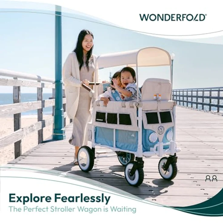 WONDERFOLD Volkswagen Kinderwagen Wagon (2 Sitzer) - zusammenklappbarer Kinderwagen mit klassischer VW-Stoßstange, Retro-VW-Rädern in XL und veganem Lederlenker – Bild 2